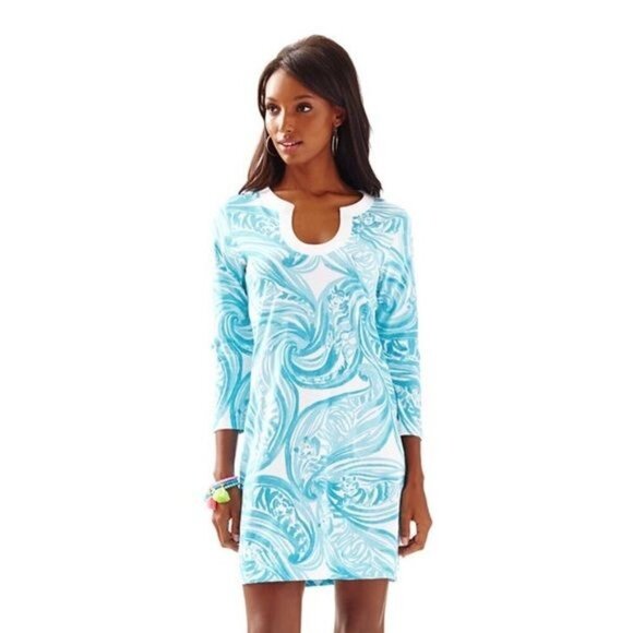 Lilly Pulitzer Womens Long Sleeve Dress Pima Cotton Blue/White Swirl Print Small - Picture 2 of 9